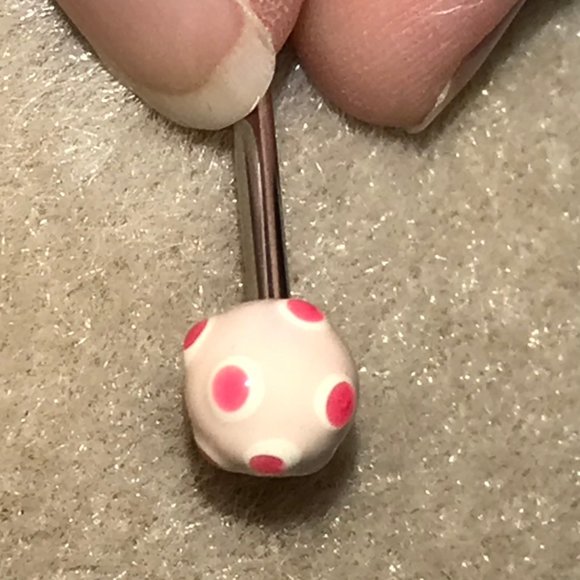 14 Gauge White and Pink Polka Dot Design Tongue Ring - Picture 1 of 4